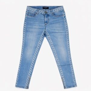 CHANEL Chain Pattern Denim Jeans Size 34 Light Blue Ankle Zip Authentic